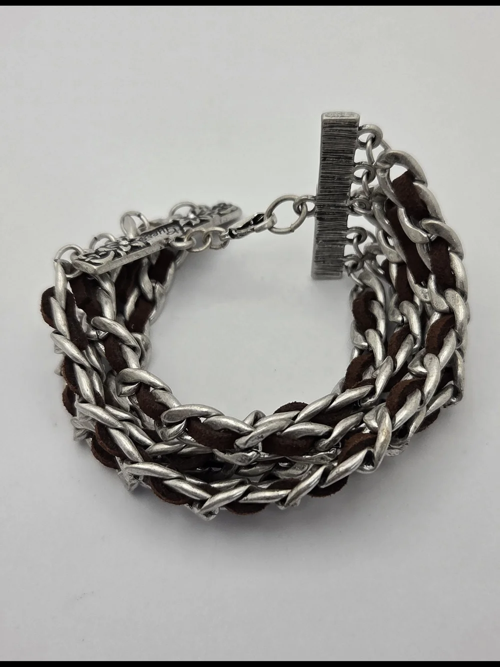 ​GUESS Silver Tone Multi Strand Wide Chain & Brown Suede Cuff Bracelet